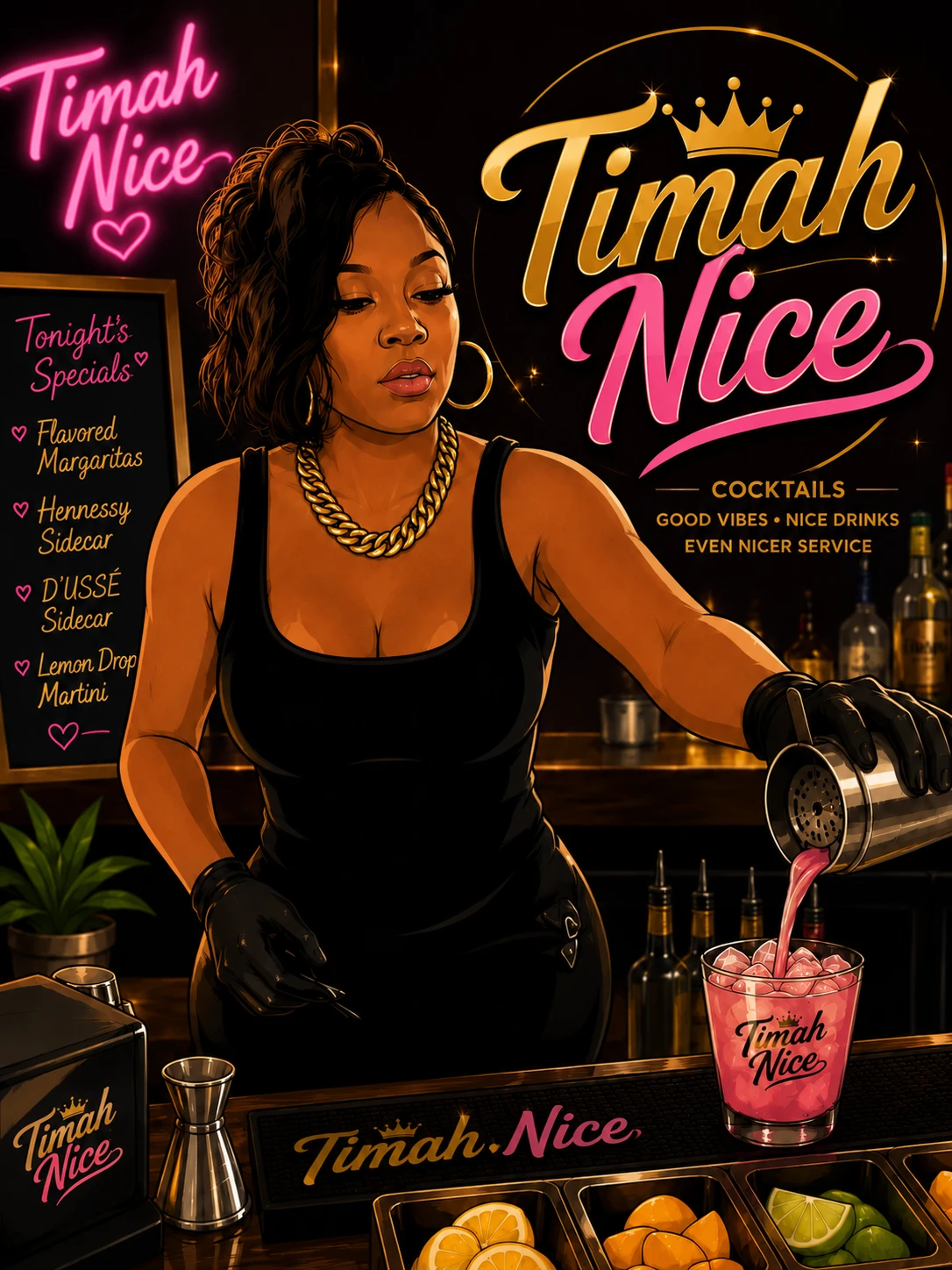 Timah Nice bartender pouring a pink cocktail behind a stocked bar