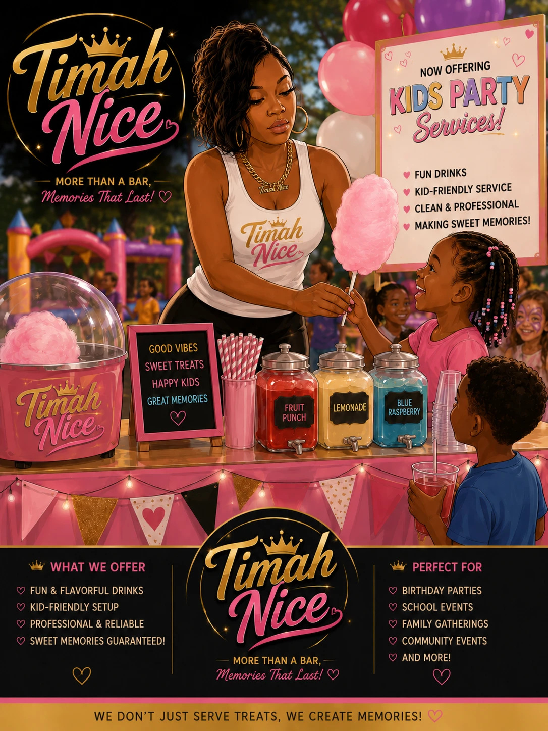 Timah Nice serving cotton candy and mocktails at a kids party